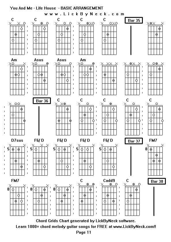 Chord Grids Chart of chord melody fingerstyle guitar song-You And Me - Life House  - BASIC ARRANGEMENT,generated by LickByNeck software.